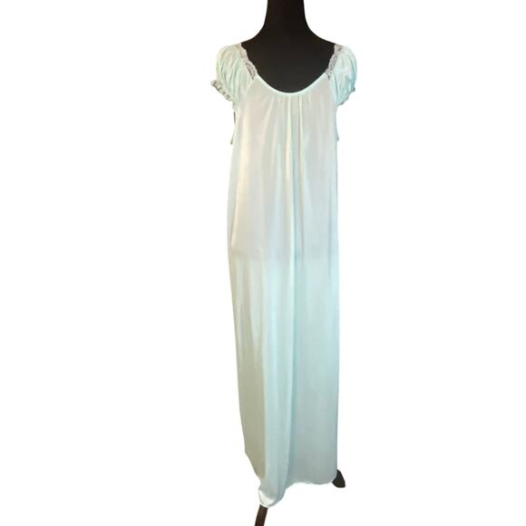 Vintage 1960s Texsheen Aqua Blue Nylon Peignoir Set Nightgown Robe M/L Fairycore - Picture 7 of 12